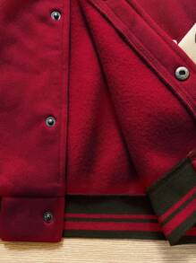 SHEIN 青少年男孩休闲日常扑克牌印花棒球领前开宽松针织厚红色夹克开学第一天妈妈和我为孩子冬季秋季圣诞节 - 紅色 - 查看 3