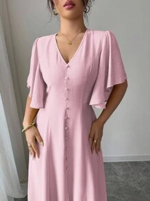 Elenzga 女士优雅休闲 V 领 A 字开衩纽扣装饰泡泡袖中长连衣裙，适合下午茶、派对、度假、通勤，纯色 - 粉色 - 查看 3