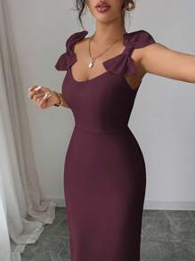 Elenzga Vestido Longo Elegante Sem Mangas Feminino com Decoração de Laço, Casual para Ir ao Trabalho, Férias, Chá da Tarde, Festa, Cor Sólida, Estilo Francês Romântico Siciliano, Primavera/Verão