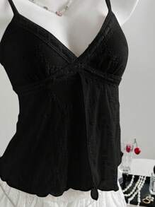Comfortcana 女士优雅浪漫黑色刺绣吊带背心 - 黑色 - 查看 4