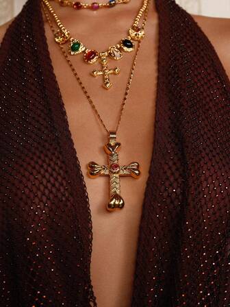 Glisma 1 pieza Collar chapado en oro de 18K, adecuado para vacaciones, conciertos/festivales, fiestas, uso casual, discotecas, sexy, lindo, de lujo, bodas, días festivos, vacaciones, campamentos, con textura, metálico, con rhinestones, circonita cúbica, colgante de cruz, copo de nieve, cruz de corazón, Y2K/para mamá/mujeres/niñas/otoño/invierno/festivales/días festivos/vacaciones/dinero antiguo/Halloween