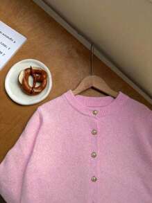 Franclia 女式简约百搭优雅纯色前扣长袖开衫秋冬款，粉色 - 粉色 - 查看 4