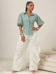 Vixey 后系带领扣长袖上衣，商务休闲，办公室 - 綠色 - 查看 4