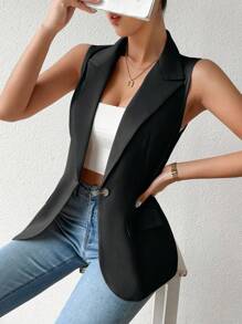 Selianne Áo khoác blazer cổ ve trơn màu không tay thường ngày cho nữ, mùa thu - Màu xám đen - Xem 4