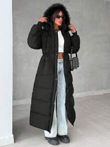 EURMUSE Women's Casual Fashionable Daily Versatile Solid Color Patchwork Faux Fur Hooded Extra Long Padded Coat, Winter