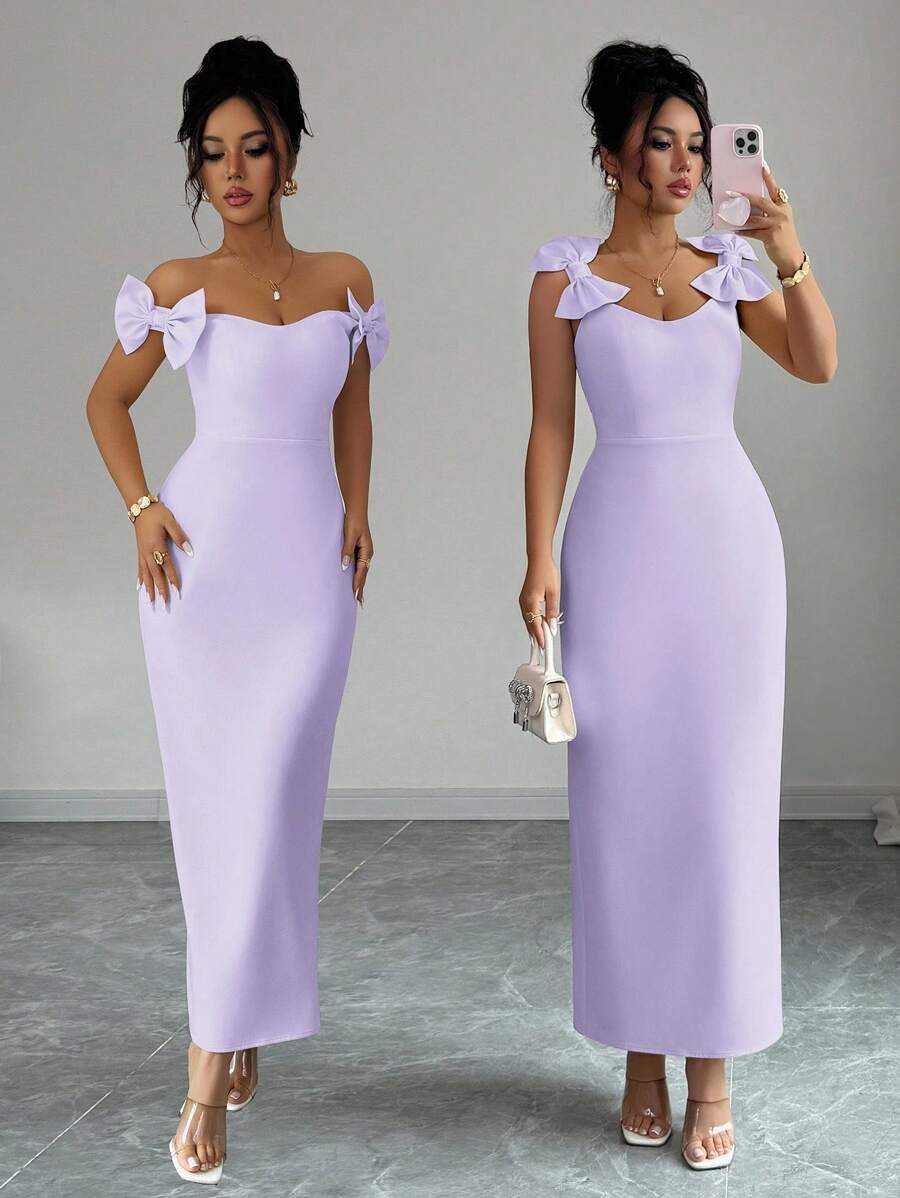 Elenzga 女士优雅无袖长裙，蝴蝶结装饰，休闲通勤、度假、下午茶、派对，纯色，法式浪漫西西里风格，春夏 - 淡紫色 - 查看 1