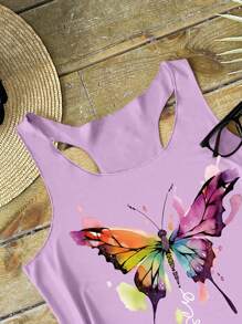 SHEIN LUNE Women Summer Round Neck Butterfly Print Tank Top Graphic Tees Women Tops - Purple - View 5