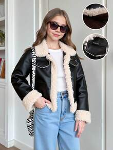 SHEIN Áo khoác lông thú giả vá PU Millennium Chic màu đen cho bé gái, Thu/Đông - màu đen - Xem 1
