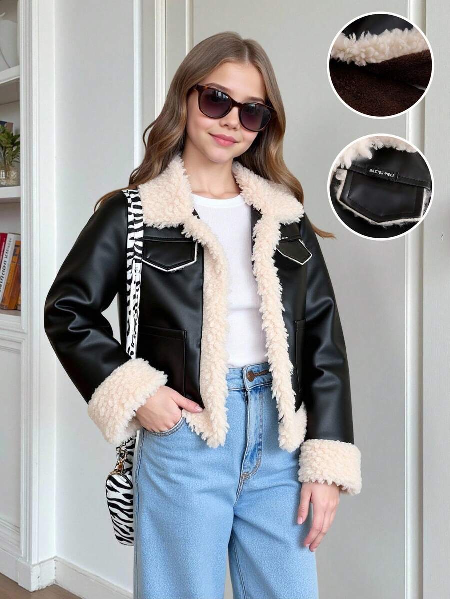 SHEIN Áo khoác lông thú giả vá PU Millennium Chic màu đen cho bé gái, Thu/Đông - màu đen - Xem 1