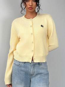 SHEIN BASICS 女士休闲圆领长袖针织开衫，适合秋冬，奶油黄色，小标志刺绣