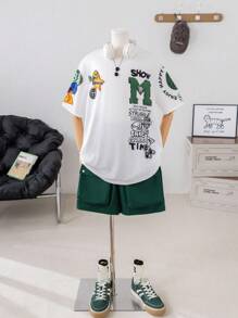 SHEIN Teen Boy Casual Loose Fit All-Match English Printed Short Sleeve Top With Buttoned Pockets And Baggy Shorts Set For Spring And Summer