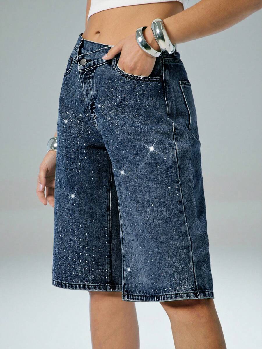 Denimoi Quần short denim Capri cạp chun chồng lên nhau đính đá giả kim cương, quần short denim thời trang cho buổi hòa nhạc mùa hè - Rửa tối - Xem 1