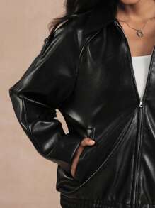 SHEIN Unity New Motorcycle Leather Jacket, Classic Elegant Minimalist Zipper Stylish Black Versatile PU Leather Jacket With Pockets Fall Winter Cloth For Women