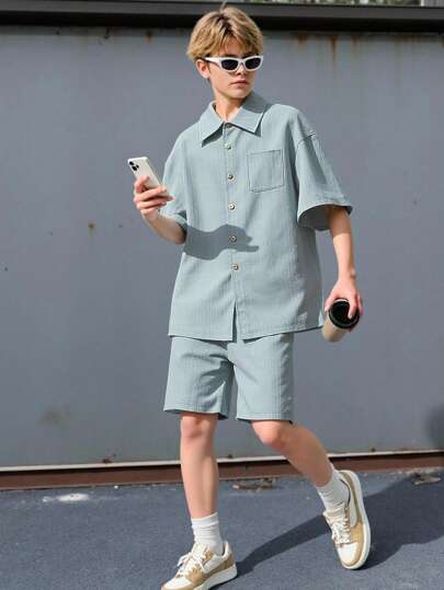 SHEIN 2pcs Teen Boy Casual Resort Wave Pattern Loose Revere Collar Short Sleeve Shirt And Shorts Set