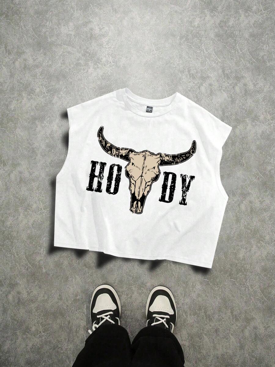 Manfinity ZONE917 复古做旧牛角字母图案印花超大短款背心男士短款上衣白色短款上衣男士图案T恤男士短款 - 白色 - 查看 1