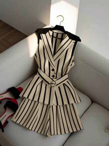 GlowEve Conjunto de chaleco y pantalones cortos con estampado de rayas y patchwork en la cintura