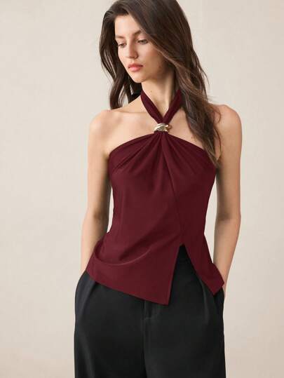 BizChic 2025 Autumn/Winter New Wine Red Metal Decor Button Accent Side Slit Women's Top, Chic & Elegant For Urban Business Casual, Office, Date, Party, Outing, Airport, Romantic Country Music Festival, Vintage Korean Style, Airport, Wedding Guest, Birthday, Halloween, Christmas