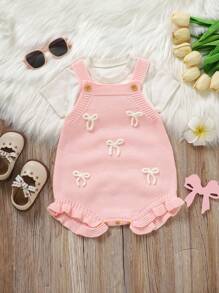 SHEIN 1pc Cute Baby Romper Jumpsuit, White Strap Dress With Pink Bow And Ruffle Trim Baby Girl Romper Baby Girl Summer Outfit Baby Girl Bow Romper Knit Baby Romper Baby Girl Overalls Baby Girl Knit Romper Fall Winter