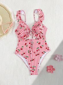Swim Mod Traje de baño de una pieza con volantes, abertura en la espalda y estampado aleatorio, sexy para vacaciones de verano