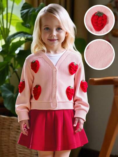 SHEIN 女童秋冬针织开衫，饰有3D蝴蝶结，休闲舒适保暖外套，可爱百搭的长袖草莓图案开衫，适合儿童穿着。