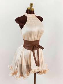 Amplova Váy ngắn thắt eo bằng vải PU chắp vá phong cách Hippie dành cho nữ, mùa hè - Màu be - Xem 6