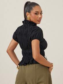 Vixey 100% Cotton Bowknot Gathered Mock Neck Short Sleeve Woven Top, Business Casual Women, Office For Women, Work Women, Spring Tops, Summer Tops, Fall Women, Fall, Autumn, Going Out Tops Women - Black - View 5