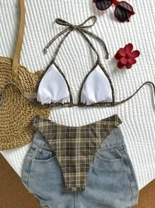 Swim Mod 女士夏季沙滩格纹露背性感比基尼泳装套装