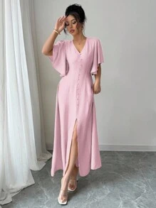 Elenzga 女士优雅休闲 V 领 A 字开衩纽扣装饰泡泡袖中长连衣裙，适合下午茶、派对、度假、通勤，纯色 - 粉色 - 查看 6