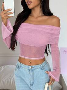 SHEIN EZwear 女式新款露肩喇叭袖闪光网眼衬衫 - 淺粉色 - 查看 4