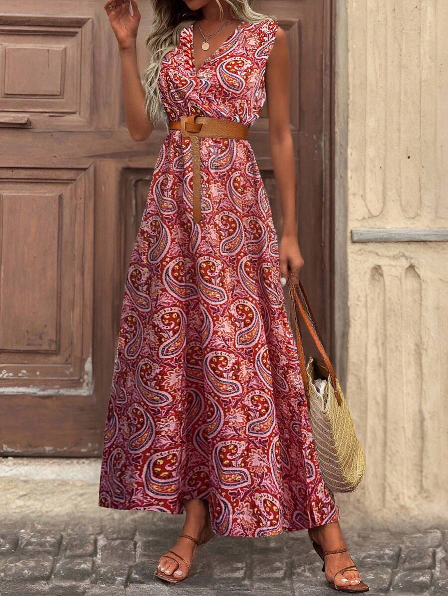 SHEIN Clasi V 领无袖佩斯利印花连衣裙长款女装 - 紅色 - 查看 1