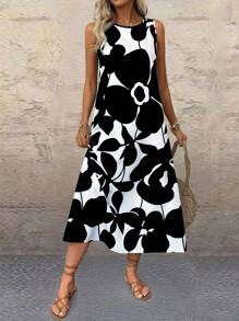 SHEIN LUNE 女式无袖印花宽松长款连衣裙 - 黑色 - 查看 3