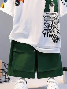SHEIN Teen Boy Casual Loose Fit All-Match English Printed Short Sleeve Top With Buttoned Pockets And Baggy Shorts Set For Spring And Summer