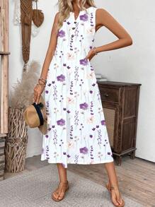 EMERY ROSE Women's Casual Vacation Sleeveless V-Neck Printed Knit Maxi Dress