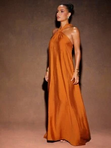 Hauture Women's Summer Vacation Style Solid Color Backless Halter Neck Loose Maxi Dress For Vacation, Summer, Beach Style - Orange - View 5