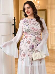 Modelyn Plus Size Elegant Blommig Patchwork Midiklänning med Utsvängda Ärmar - Multifärgad - Visa 7
