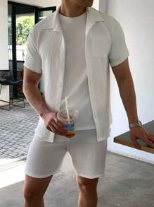 SHEIN 2pcs Teen Boys' Casual Comfy Knit Texture Short Sleeve Shirt & Shorts Set, Spring Wear - White - View 3