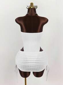 Amplova Plus Size Women Bandeau Bodysuit With Drawstring & High Waist Mini Skirt 2 Pieces Set - White - View 2