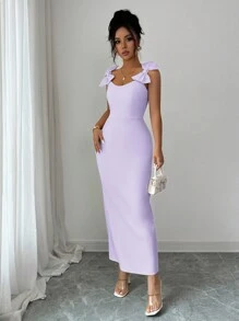 Elenzga 女士优雅无袖长裙，蝴蝶结装饰，休闲通勤、度假、下午茶、派对，纯色，法式浪漫西西里风格，春夏 - 淡紫色 - 查看 3