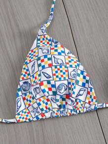 Swim Mod Conjunto de 2 piezas de traje de baño de verano con parte superior estampada con elementos marinos y cuadros multicolor, y Bottom con lazos laterales