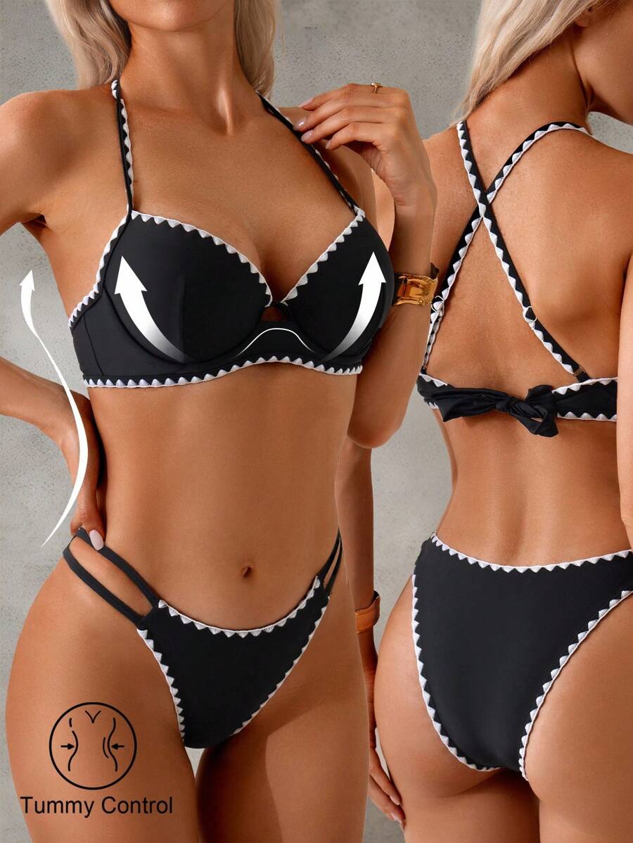 Shapewave 女式黑色性感比基尼套装带白色蕾丝边，无肩带，海滩度假两件套泳衣 - 黑色 - 查看 1