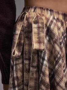 ROMWE EDITION 返校季 Y2K 女款秋季不对称下摆扎染格子裙，适合搭配裤子，复古垃圾摇滚风格，适合返校季 - 卡其色 - 查看 2