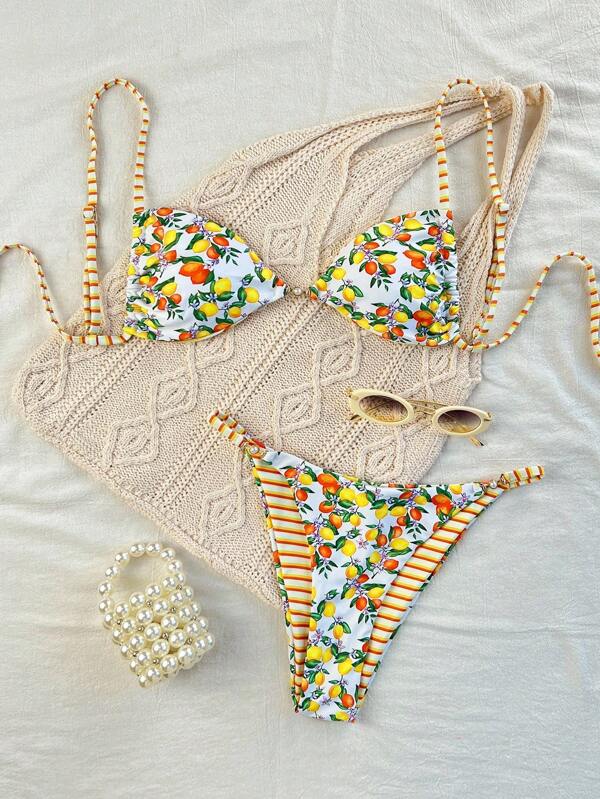 SHEIN Swim 2 pièces/set Nouveau bikini tanga à découpe haute multicolore à motif floral pour femmes, plage et resort
