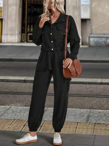 EMERY ROSE 2pcs Women Solid Color Casual Long Sleeve Single-Breasted Jacket And Pants Set Fall Cloth For Women - Black - View 6