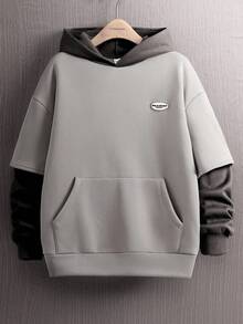 SHEIN 青少年男童休闲舒适百搭撞色卫衣，街头朋克摇滚学院风，适合日常穿着、派对、音乐节等场合，秋冬季通勤、上学、日常休闲、旅行、运动、聚会等各种场合皆宜。 - 灰色 - 查看 1