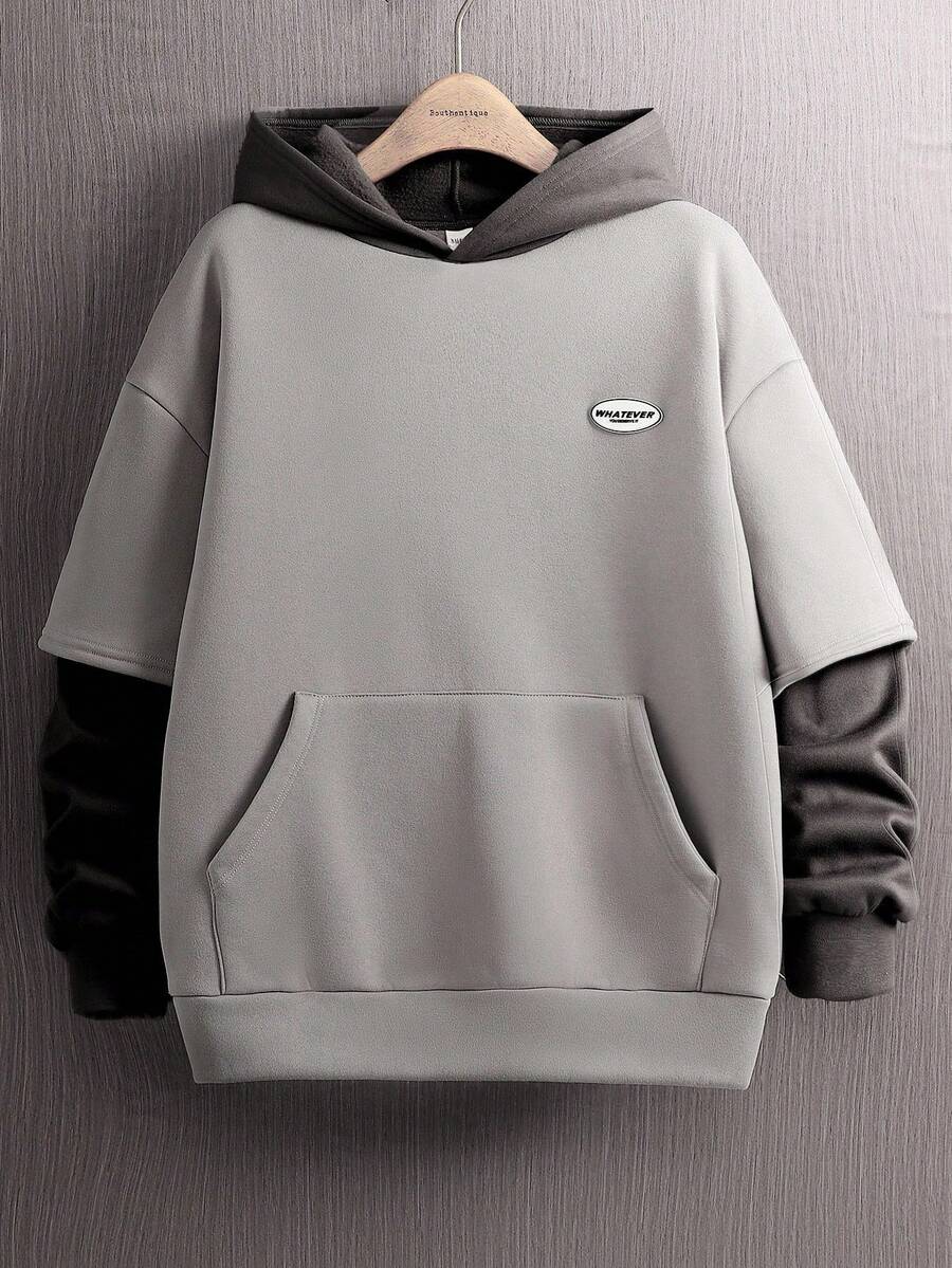 SHEIN 青少年男童休闲舒适百搭撞色卫衣，街头朋克摇滚学院风，适合日常穿着、派对、音乐节等场合，秋冬季通勤、上学、日常休闲、旅行、运动、聚会等各种场合皆宜。 - 灰色 - 查看 1