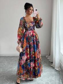 Modelyn Damen Kleid mit quadratischem Ausschnitt, Ballonärmeln, taillierter A-Linie, aus Tencel mit elegantem romantischem Vintage-Blume Muster