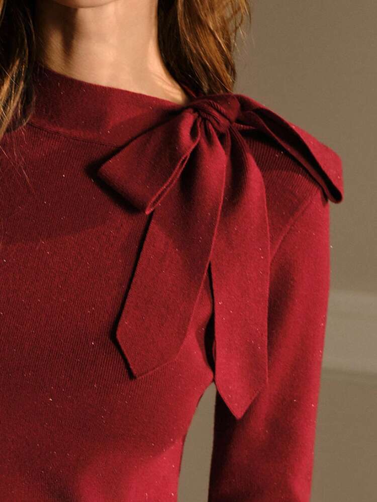 BOW DECOR RIBBED SWEATER KNIT PULLOVER FALL WINTER