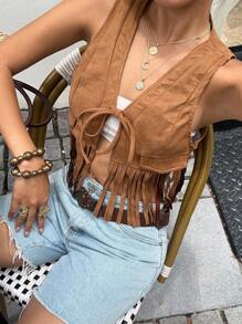 Sunnyshic 女式复古流苏牛仔背心夹克。西部牛仔背心，西部风女式流苏背心，女式牛仔背心 - 棕色 - 查看 5