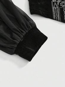 ROMWE Goth 复古哥特式城堡十字刺绣方领蕾丝拼布网眼泡泡袖上衣，万圣节 - 黑色 - 查看 4