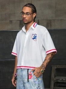 AXEPEAK Camisa de manga corta con estampado gráfico casual y retro estadounidense, diseño de corte holgado y versátil para hombres - Multicolor - Ver 5